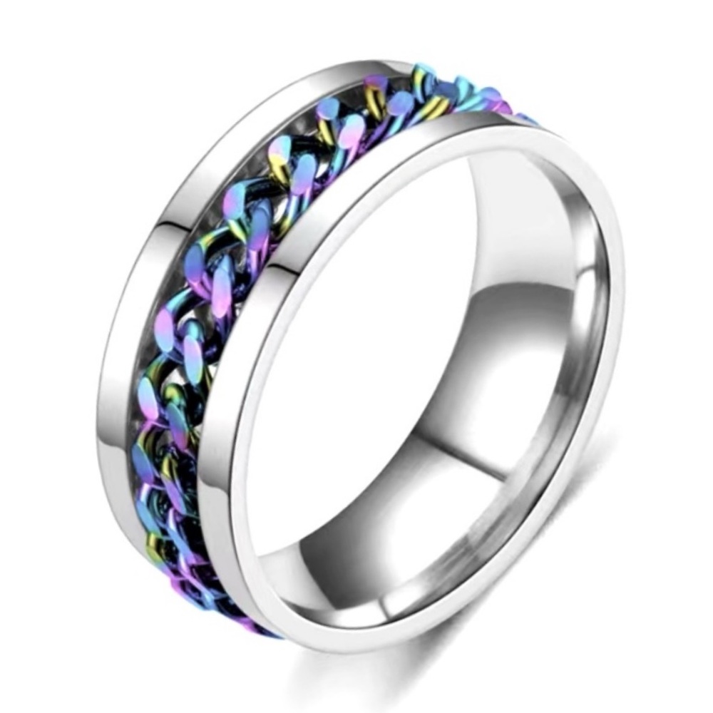 Stainless Steel Rainbow Spinner Ring | Silver Band Iridescent Chain Fidget Ring